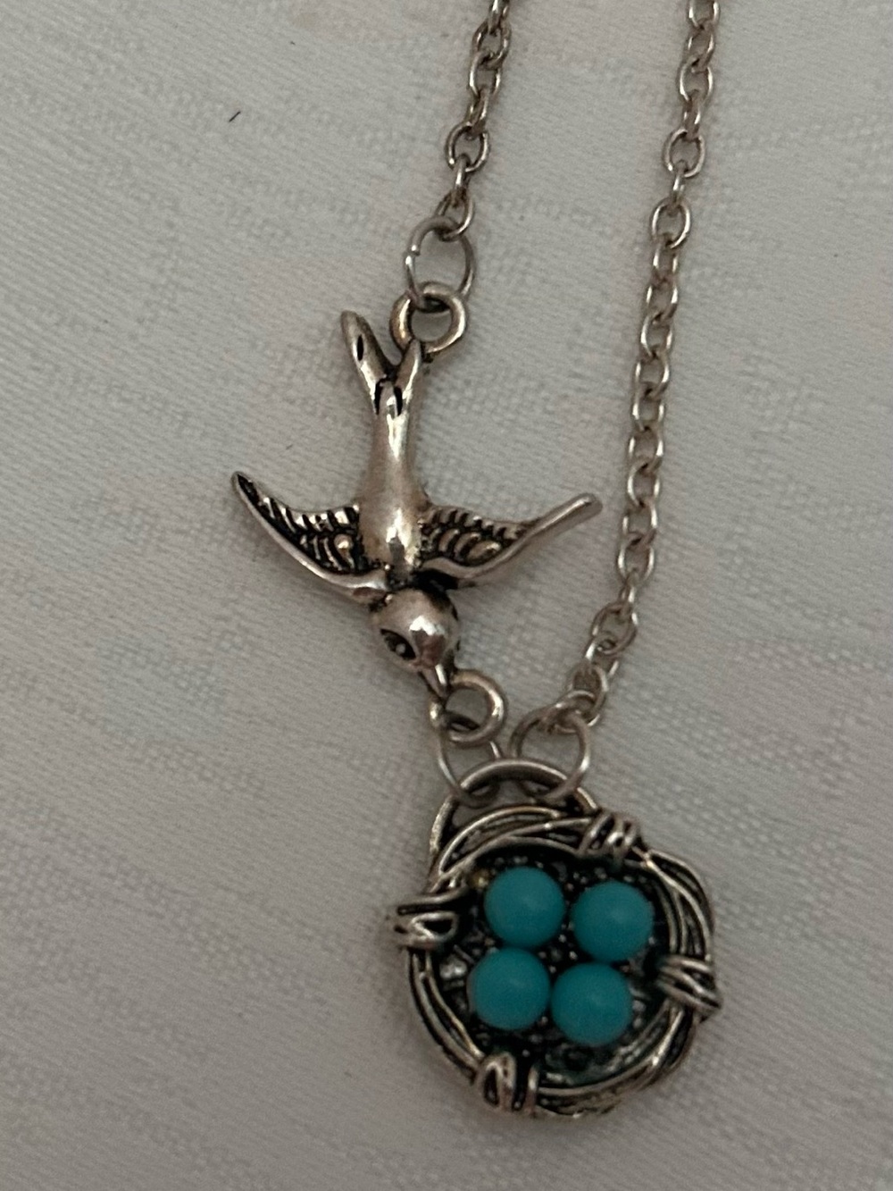 Silver-tone Birds Nest Necklace With 4 Turquoise Eggs - Picture 2 of 4